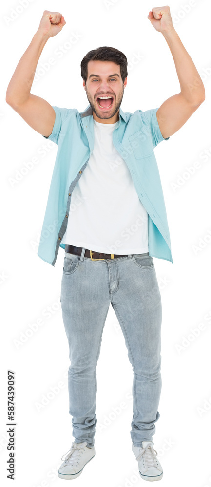 Happy casual man cheering at camera Happy casual man cheering at camera