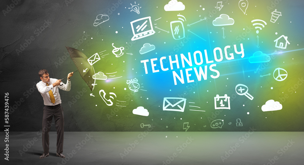 Businessman defending with umbrella, modern technology concept Businessman defending with umbrella, modern technology concept