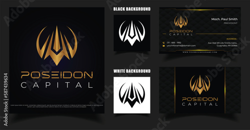Trident Poseidon Logo. Simple and Luxurious Capital Group Company Logo Design With Business card design