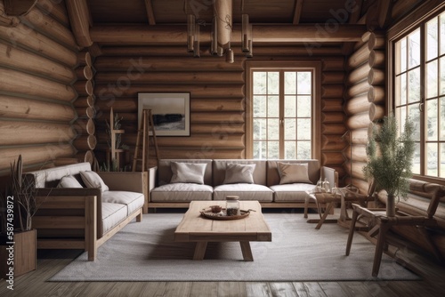 Log cabin living room, front view, architect interior designer idea. Frame mockup, fabric sofa with cushions. Farmhouse,. Generative AI