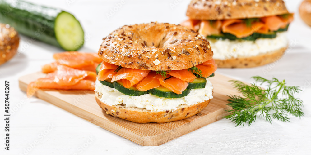 Bagel sandwich with salmon and cream cheese for breakfast panorama Bagel sandwich with salmon and cream cheese for breakfast panorama