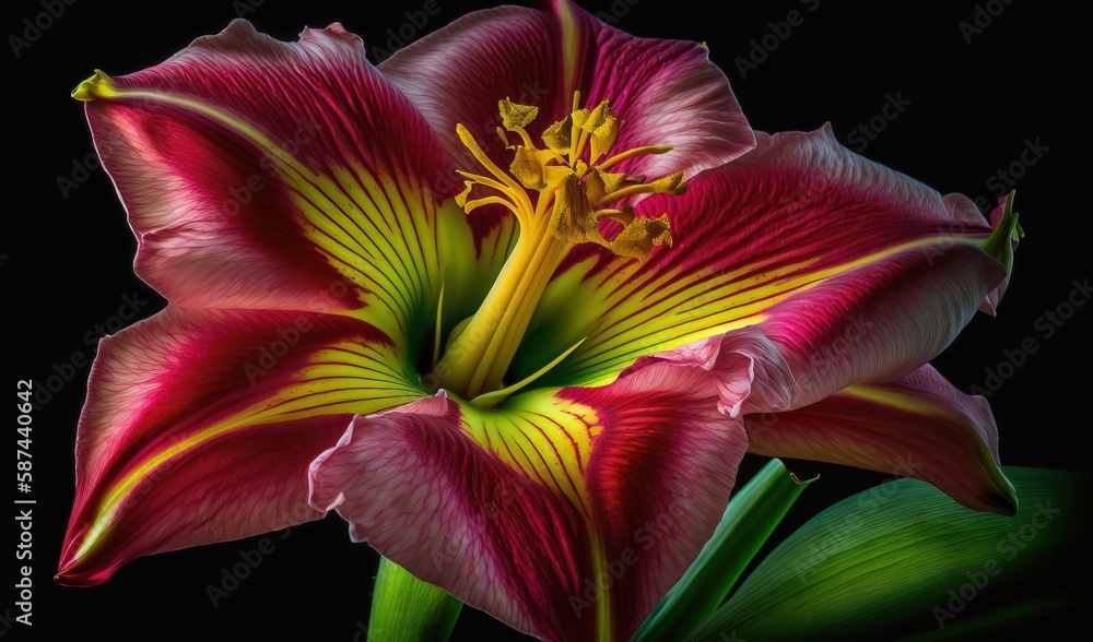 a red and yellow flower with green leaves on a black background. generative ai a red and yellow flower with green leaves on a black background. generative ai