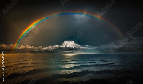  a rainbow appears over a body of water under a cloudy sky.  generative ai © Anna