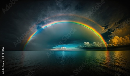  a rainbow is shining in the sky over the water and clouds.  generative ai © Anna