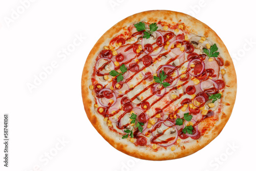 Barbecue pizza with ham, mushrooms, hunting sausages, corn, pickled onions, barbecue sauce on background for online restaurant menu