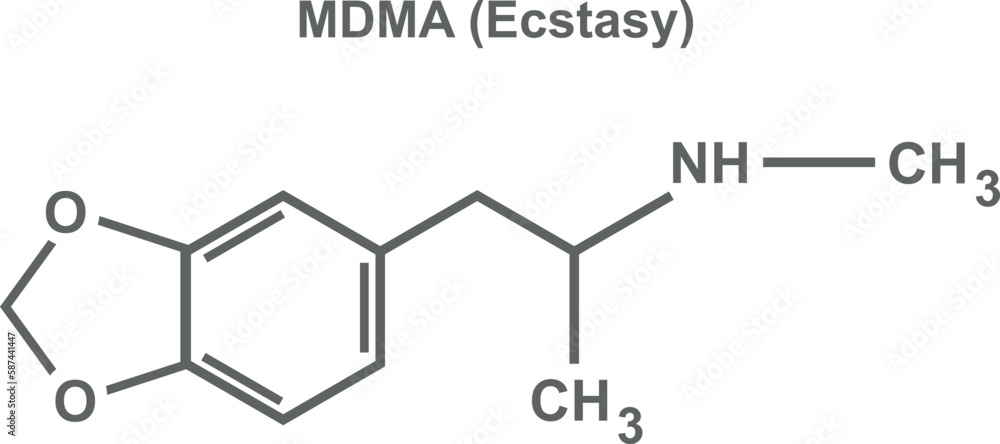 MDMA (ecstasy) chemical formula made with thin grey line. Editable molecular structure of ecstasy, molly. MDMA (ecstasy) chemical formula made with thin grey line. Editable molecular structure of ecstasy, molly.