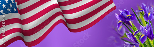  flag of the United States of America waving in the wind and beautiful holiday flowers
