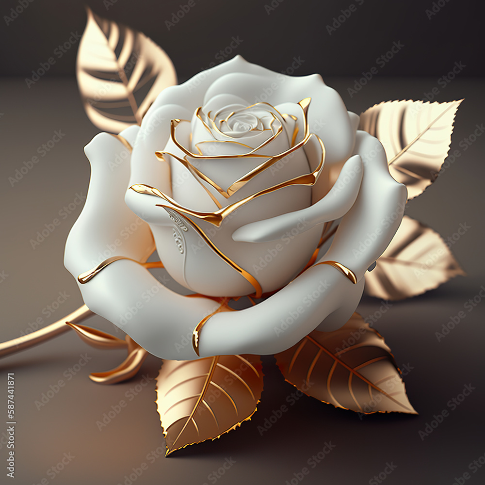 White Gold Roses Realistic 3D rose with gold accents on dark background. White rose with ...