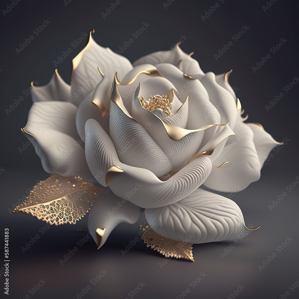 White Gold Roses Realistic 3D rose with gold accents on dark background. White rose with ...