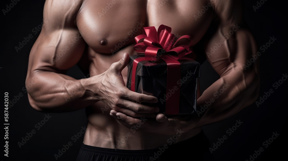 sexy romantic sporty man with a holiday gift box in hand generative ai