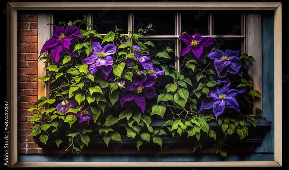 Fototapeta premium a window with a bunch of purple flowers growing out of it. generative ai