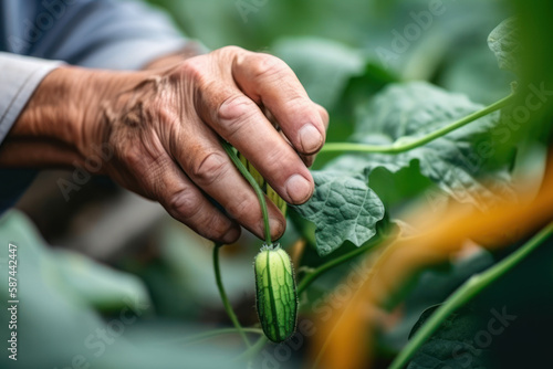 elderly gardener picks cucumbers in his greenhouse generative ai