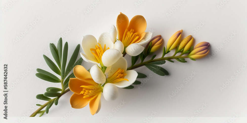 Obraz premium Freesia flower isolated on white background. Happy Mother's Day, Birthday, anniversary or Valentine's Day concept background. Generative AI