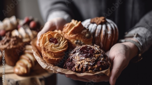 hands hold fresh pastries and sweet buns generative ai