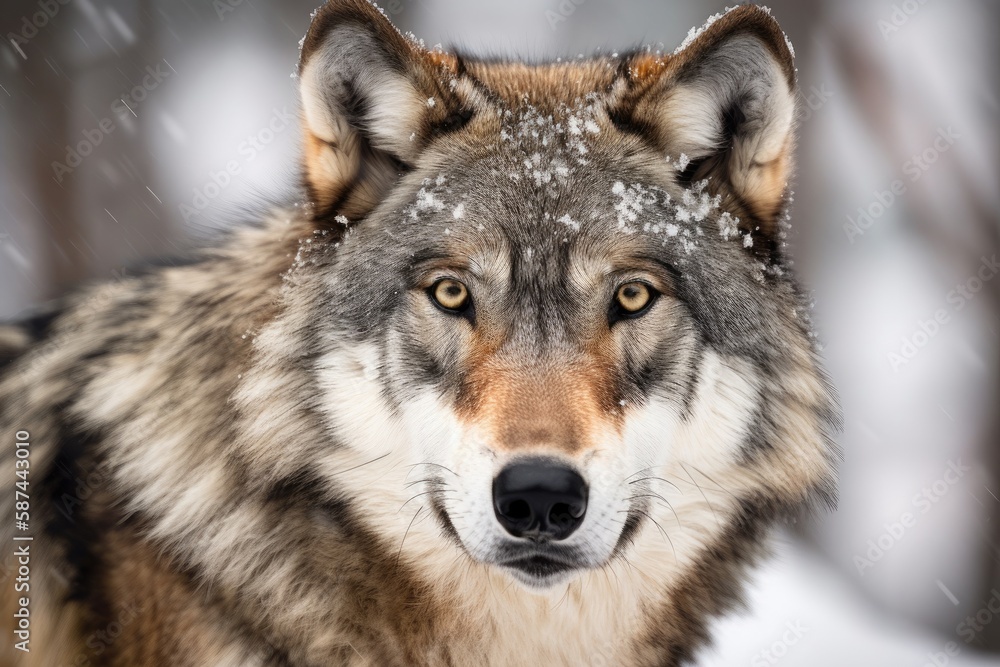 Fototapeta premium Close up portrait of a timber wolf or grey wolf Canis lupus with direct eye contact in winter snow in Canada. Generative AI