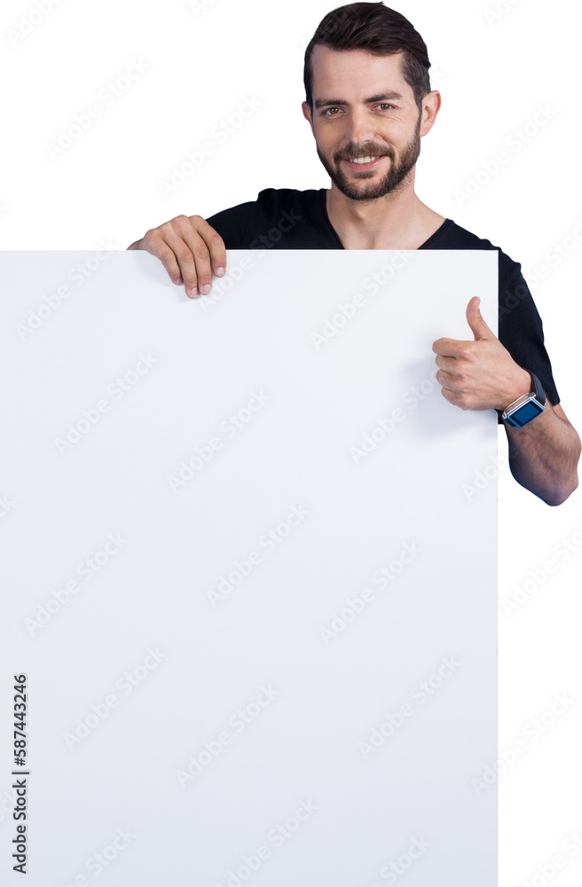 Portrait of man showing thumbs up while holding cardboard Portrait of man showing thumbs up while holding cardboard