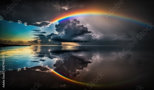  a rainbow is reflected in the still water of a lake. generative ai