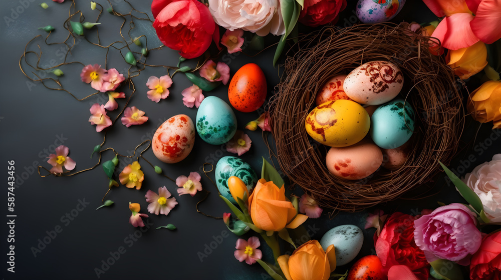 Colorful Easter eggs and decorations for the holiday, spring flowers, candies tulips. Easter concept background with copy space. Top view flat laying