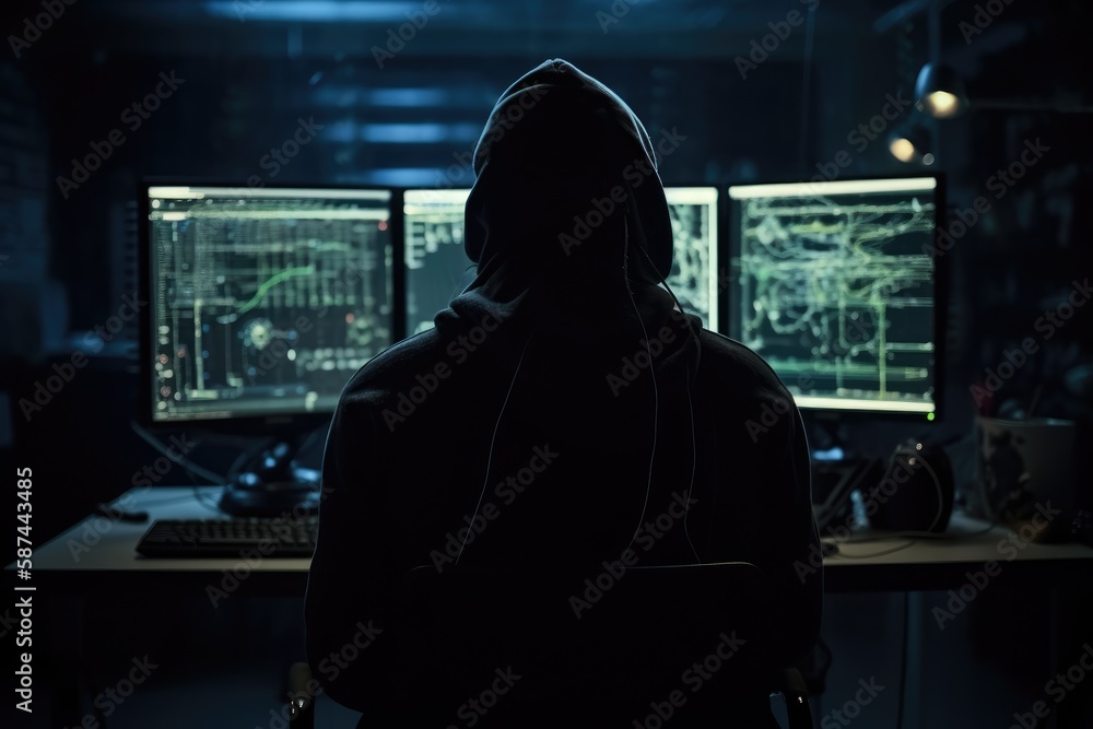 Hacker in front of sophisticated computer equipment and monitors acting in clandestinity. Generative AI
Hacker in front of sophisticated computer equipment and monitors acting in clandestinity. Generative AI
