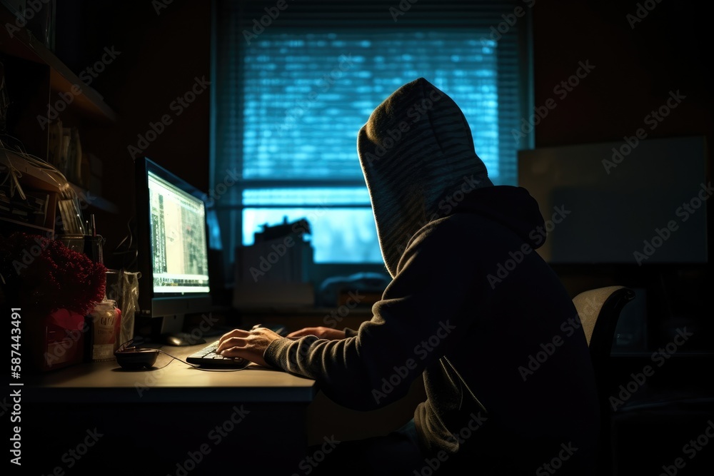 Hacker in front of sophisticated computer equipment and monitors acting in clandestinity. Generative AI
Hacker in front of sophisticated computer equipment and monitors acting in clandestinity. Generative AI