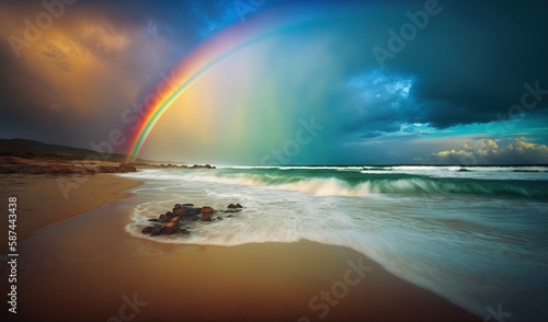  a rainbow over a beach with waves and a rainbow in the sky. generative ai