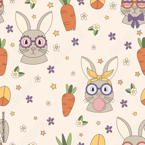 easter seamless pattern with bunny, carrots and flowers on a beige background. groove style with stroke. orange, purple, yellow, gray colors