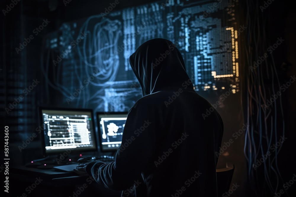 Hacker in front of sophisticated computer equipment and monitors acting in clandestinity. Generative AI
Hacker in front of sophisticated computer equipment and monitors acting in clandestinity. Generative AI