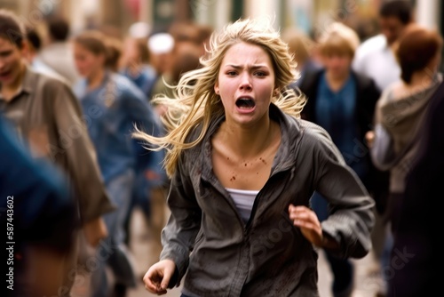 Young woman running away in panic. Generative AI © Adriana