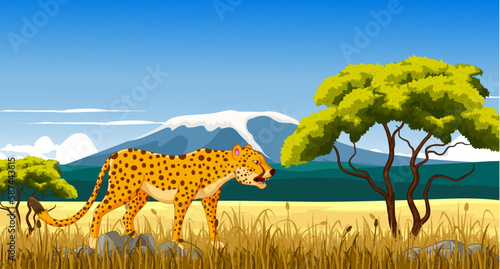 illustration of cheetah with landscape background