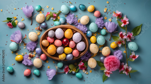Colorful Easter eggs and decorations for the holiday, spring flowers, candies tulips. Easter concept background with copy space. Top view flat laying