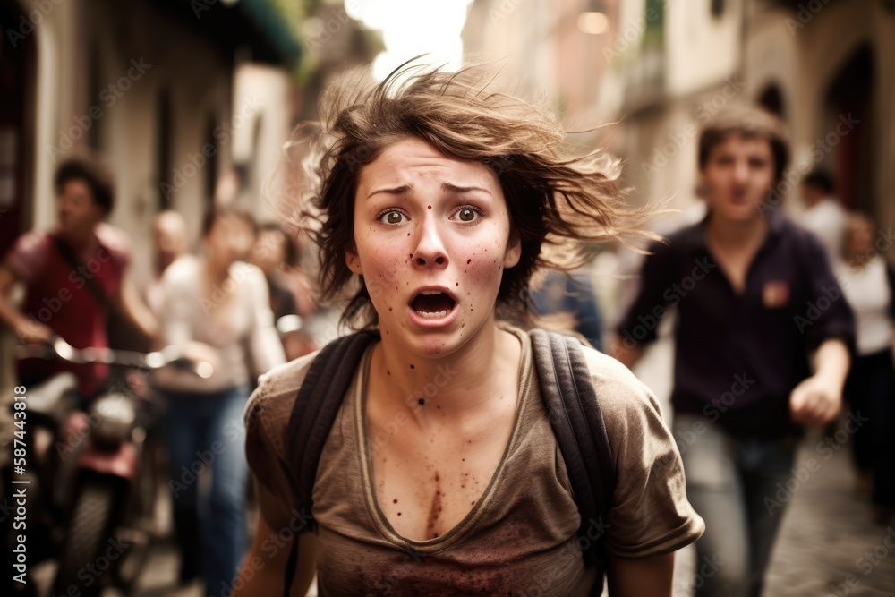 Brunette young woman running away in panic. Generative AI Brunette young woman running away in panic. Generative AI