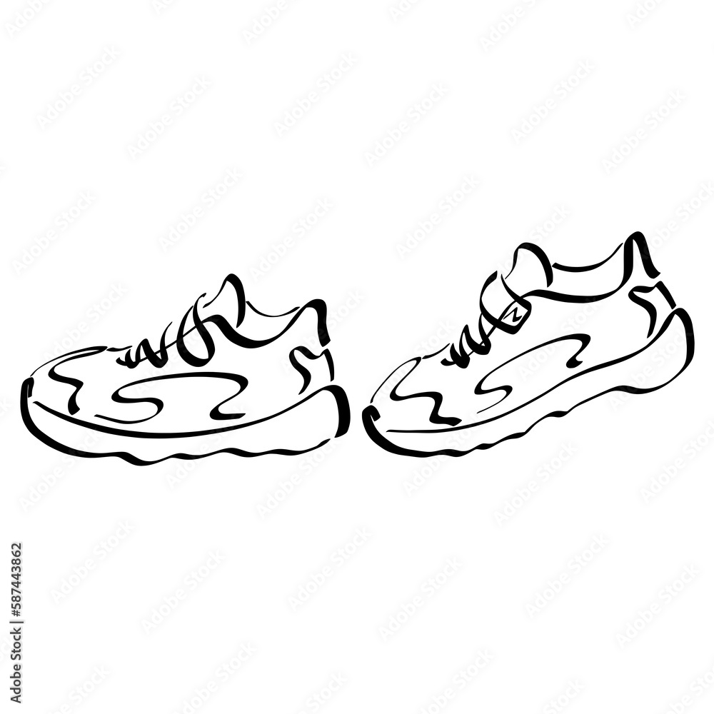 pair of sneakers, as if taking a step, modern stylish sports shoes, black sketch pair of sneakers, as if taking a step, modern stylish sports shoes, black sketch