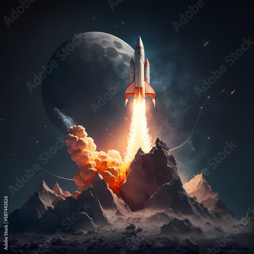 Rocket Launching dark background. Generative AI © simpledesign79