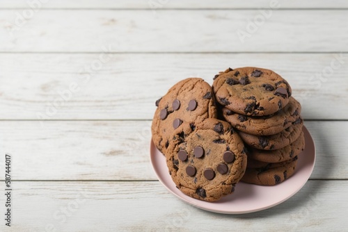 chocolate chip cookies, chocolate chip cookies on wooden table, chocolate chip cookies on a pink plate on a white wooden table