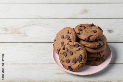 chocolate chip cookies on wooden, chocolate chip cookies on wooden table, chocolate chip cookies on a pink plate on a white wooden table table