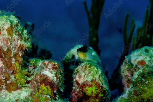 Digitally created watercolor painting of a bicolor damsel fish swimming above the coral reef.