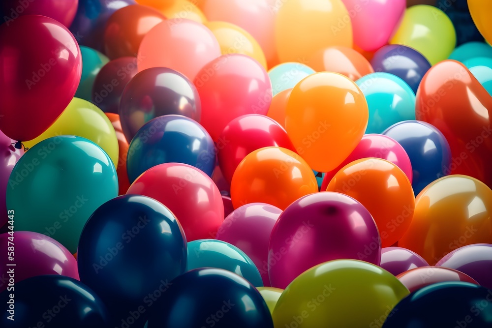 A colourful bunch of birthday balloons taking up the whole image. Generative AI. A colourful bunch of birthday balloons taking up the whole image. Generative AI.