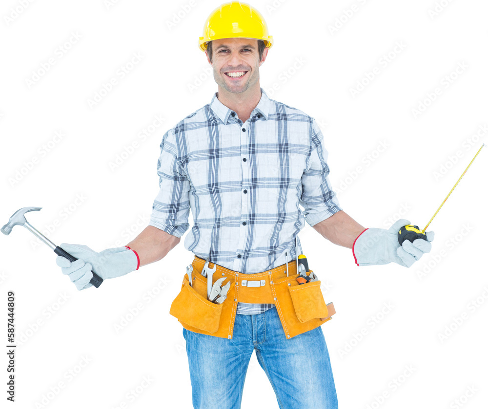 Technician holding hammer and measure tape Technician holding hammer and measure tape