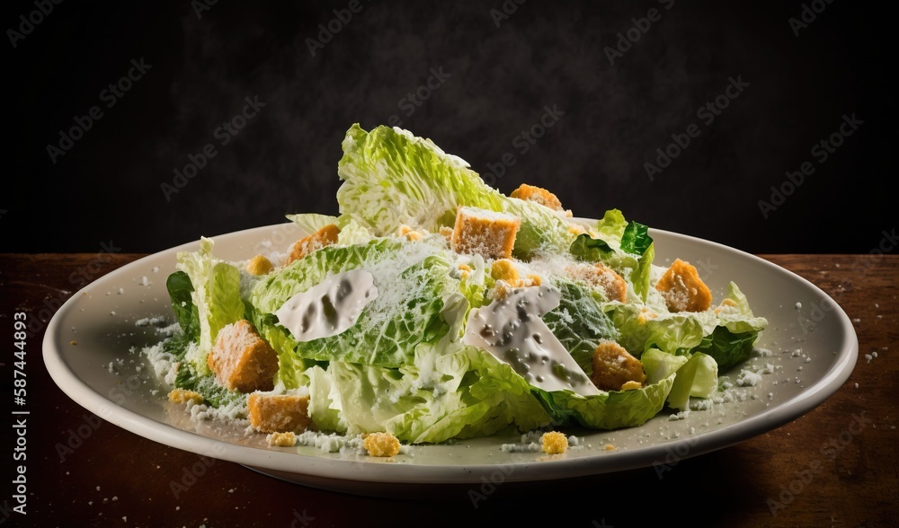  a white plate topped with lettuce covered in cheese.  generative ai