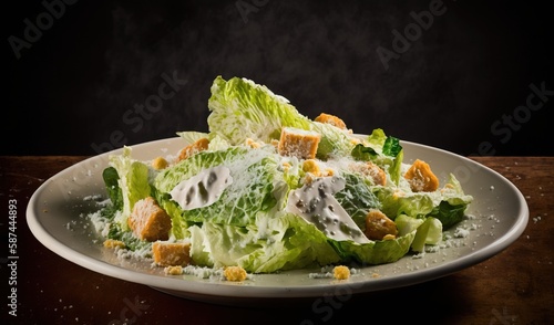  a white plate topped with lettuce covered in cheese. generative ai