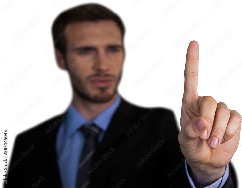 Close up of businessman touching index finger on invisible interface Close up of businessman touching index finger on invisible interface