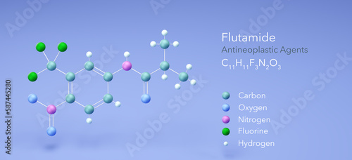flutamide molecule, molecular structures, antineoplastic agents, 3d model, Structural Chemical Formula and Atoms with Color Coding
