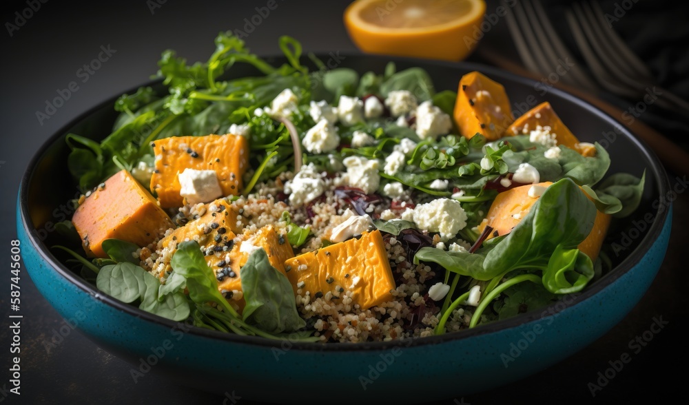 a blue bowl filled with a salad next to an orange slice. generative ai a blue bowl filled with a salad next to an orange slice. generative ai