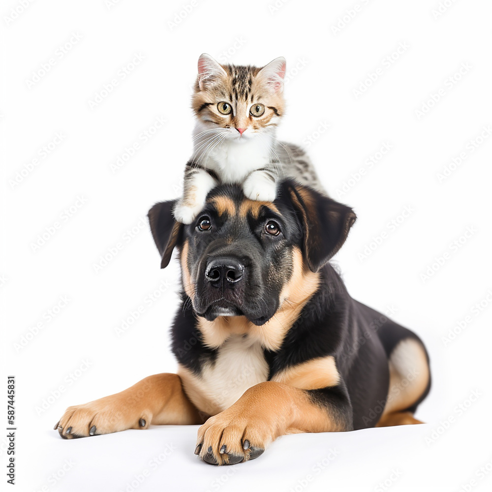 Big dog and cute cat together, kitten lies on head of dog on white background close-up, wonderful illustration for advertising pet products