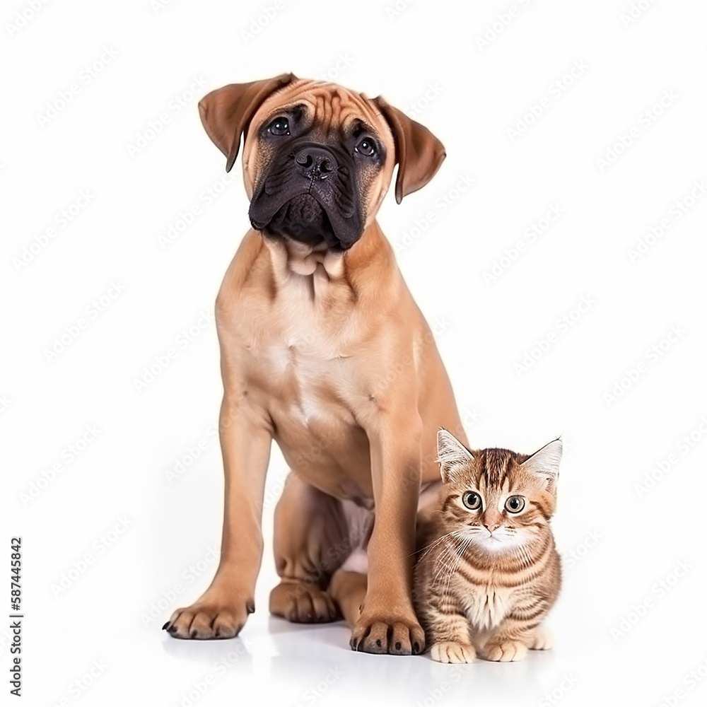 Big dog and cute cat together on white background close-up, great illustration for an advertisement for pet supplies, ai generative