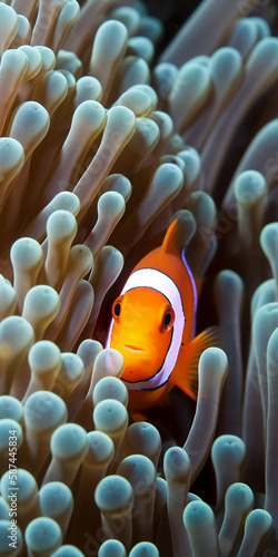 clown fish, baby, sweet, underwater photography, sea anemone, reef, coral reef, underwater, ocean, sea, photography, created using generative AI