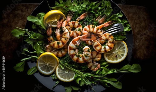  a plate of shrimp with lemons, greens, and a fork. generative ai