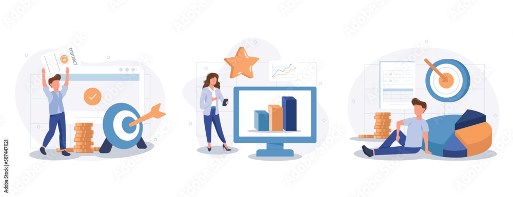 Business goals illustration set. Characters setting task, goal and target to achieve, planning action and way to success. Personal development and self motivation concept. Vector illustration. Business goals illustration set. Characters setting task, goal and target to achieve, planning action and way to success. Personal development and self motivation concept. Vector illustration.
