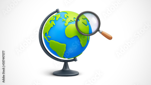 Cartoon world globe with stand and magnifying glass 3d vector icon on white background. Globe of planet Earth for concept of research the planet, kids learning or world traveling. Vector illustration