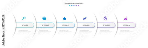 Timeline infographic with infochart. Modern presentation template with 6 spets for business process. Website template on white background for concept modern design. Horizontal layout.